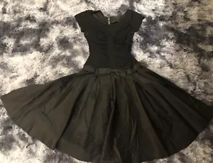 VTG 1950’s A Winnie Marsh Fashion Black Ruched Bodice Bow Fit & Flare Dress ~XS - Picture 1 of 5