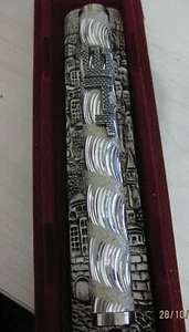 Einzigartiges silbernes jüdisches Mezuzah Etui Schutz Haustür Haus Judaica Jerusalem Feder - Bild 1 von 5