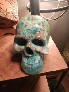 Awesome Blue green sand & crushed glass Resin Human Skull Figurine 3" - Picture 1 of 6