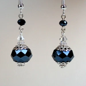 Midnight blue crystal vintage silver drop earrings wedding bridesmaid gift - Picture 1 of 2
