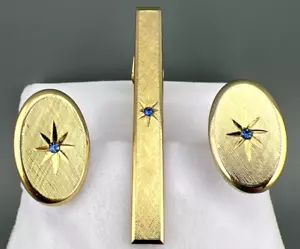 Vintage Cufflinks Tie Clip Set Blue Rhinestone Starburst Brushed Gold Tone Avon - Picture 1 of 16