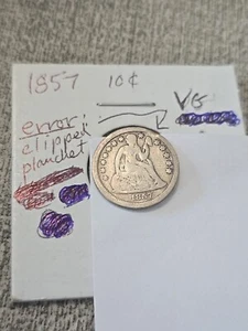 1857 Seated Liberty Dime VG Error Clipped Planchet - Picture 1 of 3