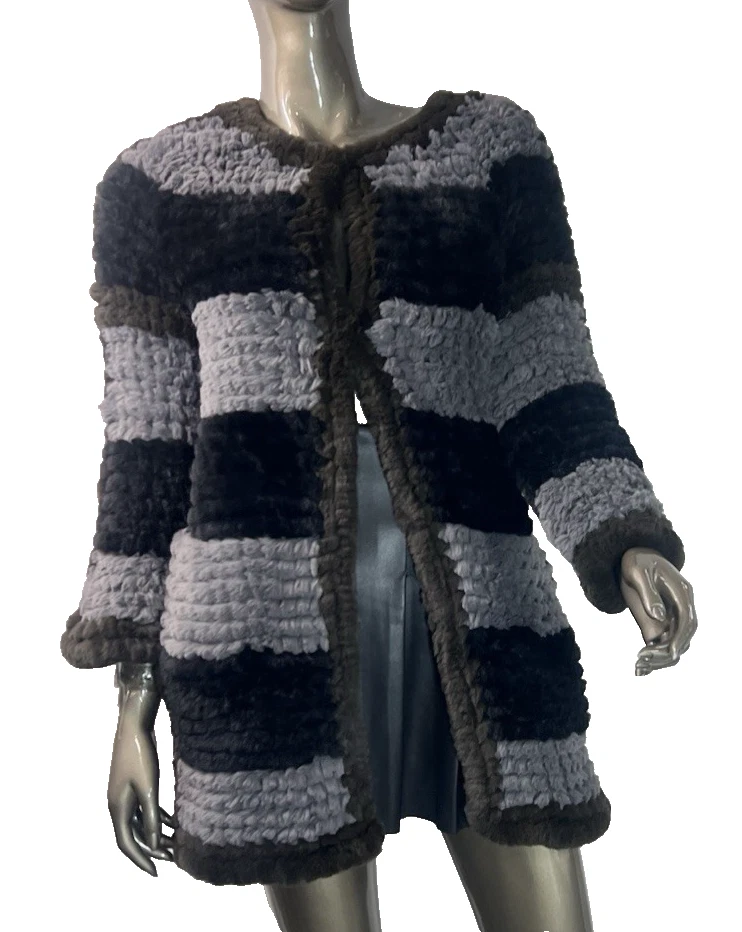Fur Knitted Cardigan Womens Small Gray & Black Stripe Faux Fur Jacket Love Token - Image 1 of 4