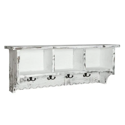 Country Cottage Coat Hooks with Storage Cubbies, Antique White Finish, Distre... - Image 1 of 4