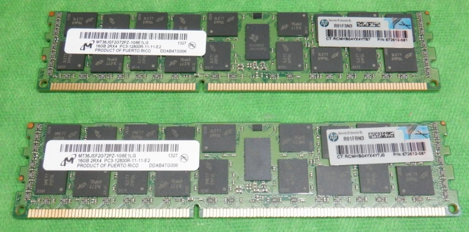 HP MICRON 672612-081 16GB 2RX4 PC3-12800R DDR3-1600 Server Memory    LOT OF 2 - Image 1 of 4