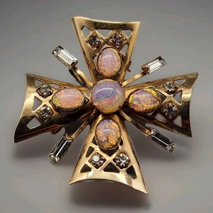 Vtg Maltese Cross Brooch Faux Opal Rhinestone Pink Cabochon Gold Filled Pendant - Picture 1 of 8