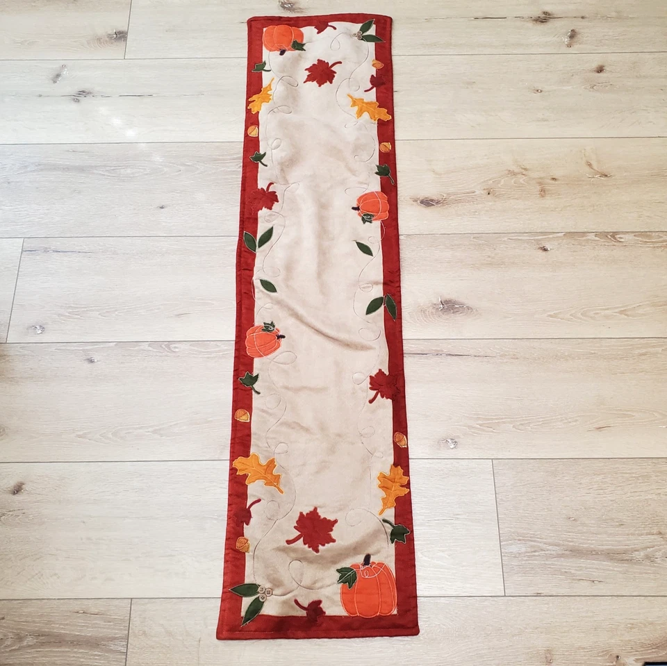 Fall Themed Table Runner Featuring Pumpkins & Leaves 52 x 13 Red Tan Cottagecore - Image 1 of 4