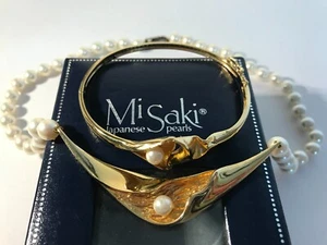 MISAKI MONACO JAPANESE PEARLS Necklace + Bracelet Bangle SET - Picture 1 of 17
