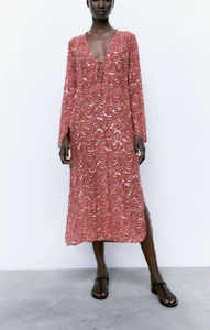 ZARA Beaded Dress. M 10 12 Chest 38" Pink 100% Cotton Sequin Embroidered Kaftan - Picture 1 of 12