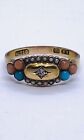 Antique 15CT Gold Diamond Turquoise Coral & Seed Pearl Ring Size P, US 7-1/2