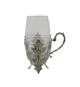 925 STERLING SILVER & GLASS INSERT HANDMADE LEAF APPLIQUE TEA CUP WITH HANDLES - Picture 1 of 2
