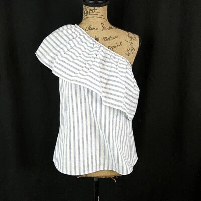 H&M Womens sz 4 Top Blue White Stripe One Shoulder Ruffle Blouse - Image 1 of 4