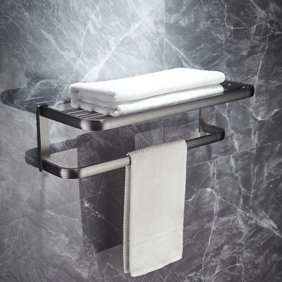 Gun Grey Brass Wall Mounted Bathroom Towel Rail Holder Storage Rack Shelf Bar - Image 1 of 4