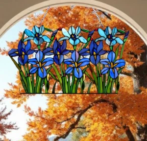 Iris Floral Tiffany Style Stained Glass Hanging Window Panel Suncatcher 15x24in - Picture 1 of 8