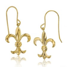 High Polish Fleur De Lis Dangling Fish-Hook Earrings REAL Solid 14K Yellow Gold 