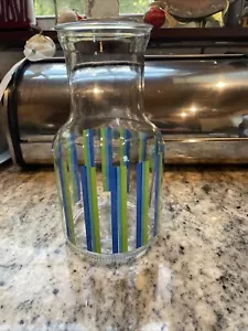 Retro Blue And Green Striped Juice Carafe 9” Tall 1970s Clear Glass Kig - Picture 1 of 5