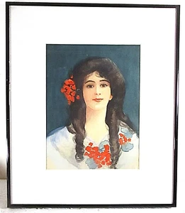 ORIG CA 1910 WATERCOLOR, EXOTIC ART NOUVEAU STYLE WOMAN BLACK LONG HAIR SMILE - Picture 1 of 5