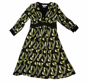 Maggy London Womens 8 Geometric Green Black Retro Fit & Flare Dress Stretch NWT - Picture 1 of 8