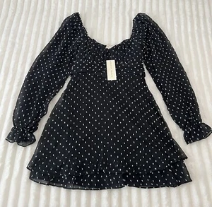 Abito donna THIRTY/THIRTY LA aderente e svasato mini manica lunga a pois nero taglia L - Foto 1 di 8