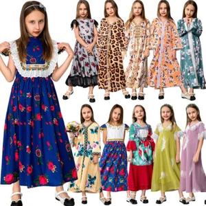 Muslim Kids Girls Floral Maxi Dress Islamic Ramadan Abaya Kaftan Caftan Robe Eid - Picture 1 of 32
