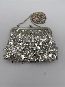 Silver Sequin Purse Clutch Art Deco Flapper Look - Picture 1 of 12
