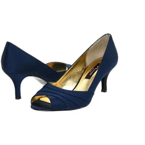Womens Shoes Nina New York Size 8.5M Navy Satin Wrapped D'orsay Peep-Toe Heels - Picture 1 of 7
