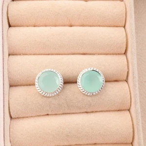 925 Sterling Silver Round Cut Aqua Chalcedony Stone Drop Ethnic Earrings Jewelry - Picture 1 of 6
