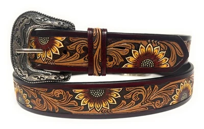 Women's size 28 leather belt, sunflower decorated brown western style belt - Image 1 of 4