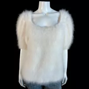 Maglione a maniche corte 100% angora sfocato lavorato a mano bianco ooak scollo scoop 38" busto - Foto 1 di 11