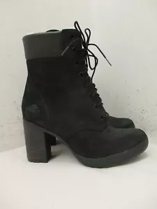 Timberland Boots Lace Up Sz 9.5 Womens Block High Heel Black Leather Chunky Sole - Picture 1 of 11