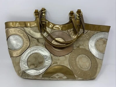 COACH CARLY PATCHWORK SHOULDER PURSE METALLIC GOLD TAN BROWN LEATHER DIRTY STAIN - Image 1 of 4