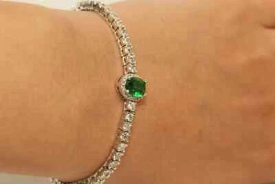 8CT Oval Cut Lab Created Emerald Diamond Tennis Bracelet 14K White Gold Plated - Image 1 of 4