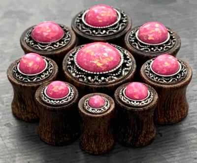 PAR de tapones de silla de montar de madera fundida con patrón tribal de ópalo sintético joyería corporal Foto 1 de 3