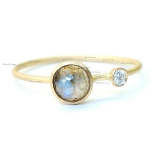 Genuine Labradorite Gemstone Ring Diamond Solid 14k Yellow Gold Handmade Jewelry - Picture 1 of 2