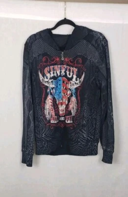 Affliction Hoodie L Black Beaded Animal Skull Sinful Zip Leopard Snake Print - Image 1 of 4