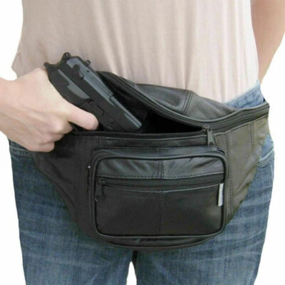 Black Leather Concealed Carry Weapon Fanny Pack Pistol Handgun Waist Bag CCW - Image 1 of 4