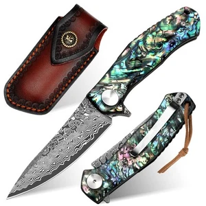 Damascus Pocket Knife with Clip Leather Sheath Sharp VG10 Core Folding Knife,... - Picture 1 of 9