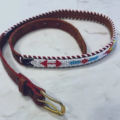 Cinturón de cuero Southwestern con cuentas a mano occidental de 3/4" de ancho hebilla tono dorado 32" Foto 1 de 4