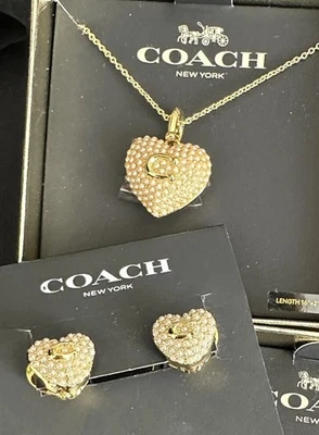 COACH Set/ Lock Heart Necklace /Earrings Set /Vintage Pearl Pave/Gold - Image 1 of 4