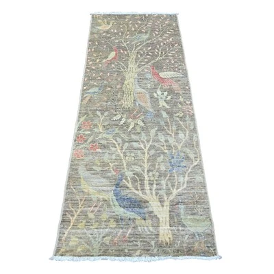 2'4"x6'1" Gray Hand Knotted Afghan Peshawar Birds Design Wool Runner Rug G89840 - Image 1 of 4