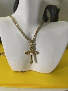 1928 cross Gold tone faux pearl beaded chain Necklace 15" - Picture 1 of 4