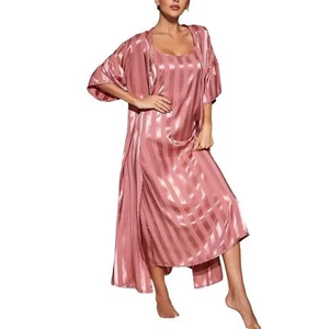 Womens Satin Nightgown Robe Set 2 Piece Striped Silky Bathrobe Chemise Lingeries - Picture 1 of 18