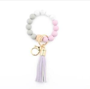 Geometry Wood Silica Beaded Bracelet Tassel Wrist Wrapped Keychain Key Ring New