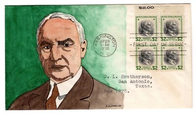 #833 Presidential Series Warren G. Harding 1938 FDC - Hand-painted Geerlings 1/1 - Image 1 of 2