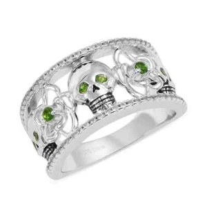 0.75ctw Chrome Diopside & Zircon Skull Ring Platinum Plated Size 5 - Picture 1 of 5