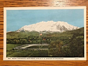 Vintage Postcard Mount Timpanogos Provo Utah BYU Stadium American Flag - Picture 1 of 2