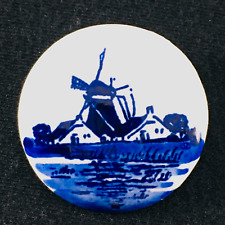 Vintage Dutch Holland Delft Ceramic Brooch Pin with Blue Windmill Design.