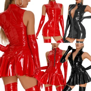 Mujeres Látex Cuero con Cremallera ceñido al cuerpo Sexy Mini Vestido Look Húmedo Falda Brillante Prendas para club nocturno - Imagen 1 de 35