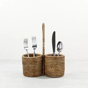 NUOVO porta condimenti in rattan intrecciato stretto ecologico artigianale doppia custodia - Foto 1 di 6