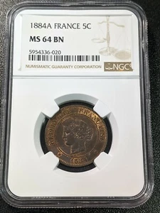 1884 A MS64 BN France 5 Centimes UNC NGC KM 821.1 Scarce Grade! - Picture 1 of 4